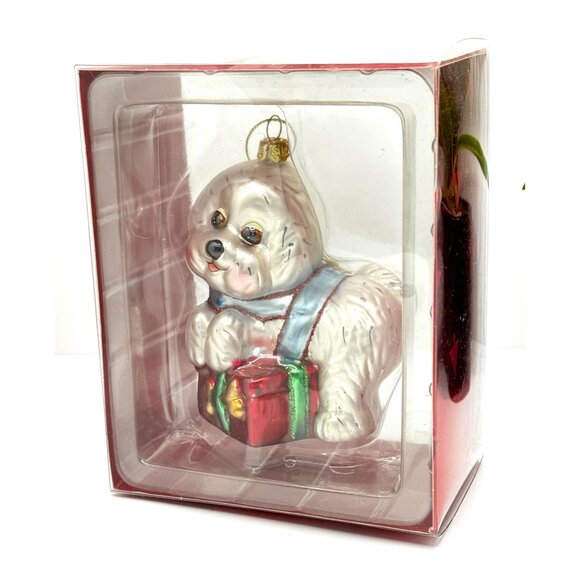 White Dog Christmas Ornament With Box - Hand-Painted Glass Figurine - Picture 4 of 5